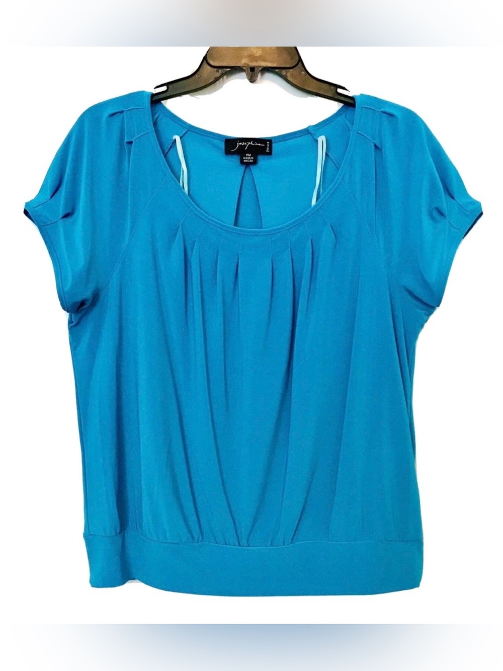 Josephine Petite PM Teal Scoop Neck Pleated Front & Sleeves Banded Bottom Top